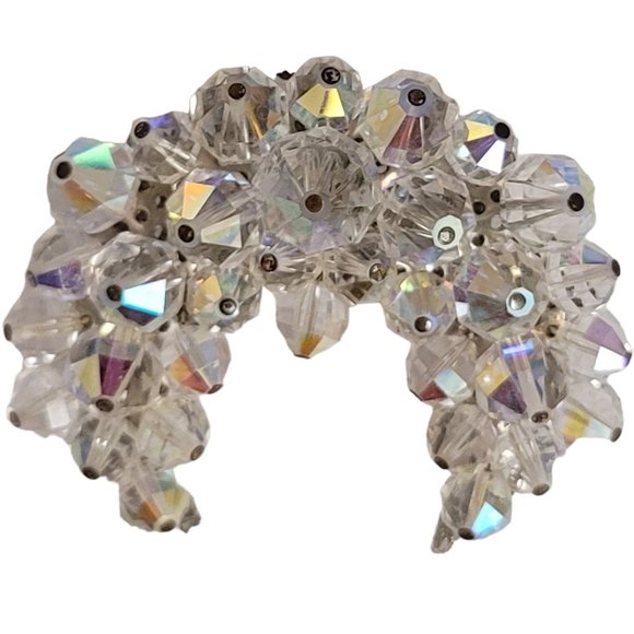 Silver Tone AB Cluster Beaded Crescent Moon Style Brooch Pin E20 - Picture 1 of 11